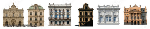European building facade set including baroque, neoclassical, and renaissance styles isolated. Architectural design and urban scenes.