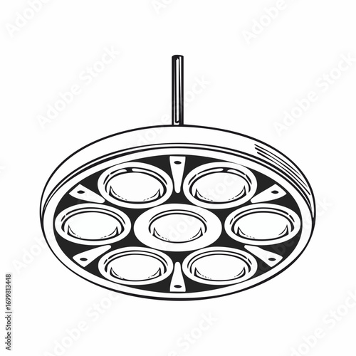 Monochrome illustration of a vintage surgical operating lamp, a classic piece of medical equipment used in hospitals for examinations