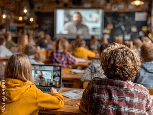 Wallpaper Mural A classroom setting with students attending a lecture, some using laptops, a large screen displaying a speaker, warm lighting Torontodigital.ca
