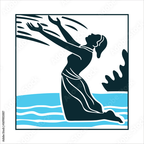 Silhouette of Woman Kneeling in Trance Spirit Possession Ukuthwasa Silhouette of a kneeling figure with arms outstretched head tilted back in trance