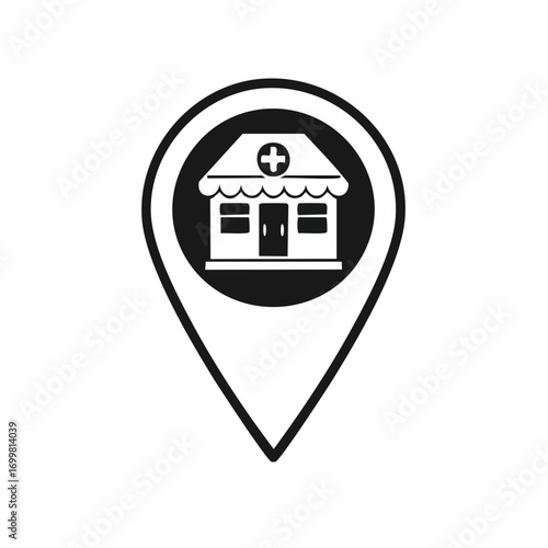 Simple black and white map pin icon featuring a hospital building symbol. A vector illustration representing a medical clinic location or healthcare pointer