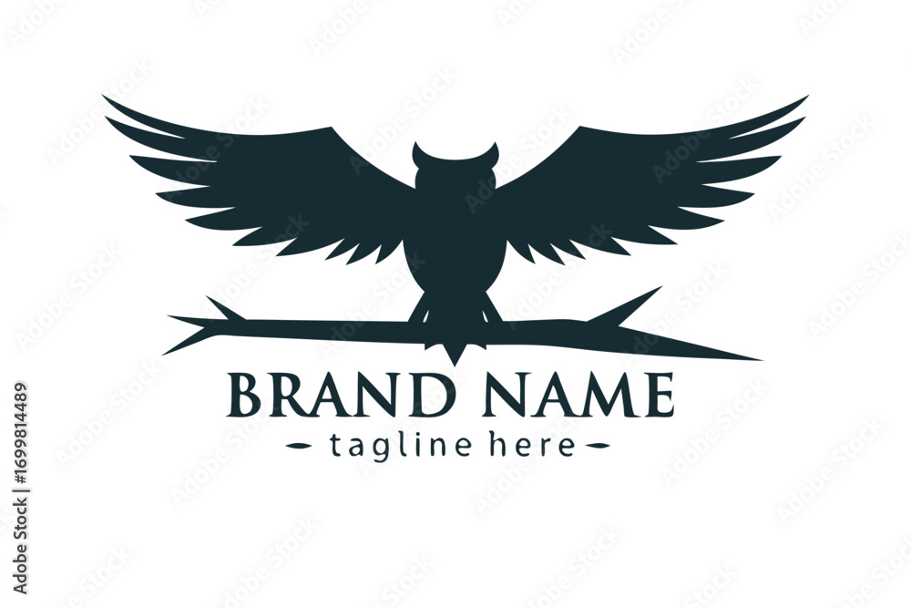 Obraz premium of Silhouette Owl on Branch with Wings on White Background
