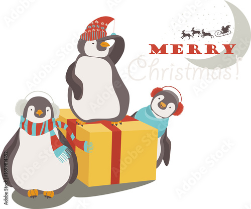 Funny penguins friends celebrating Christmas. Vector illustration