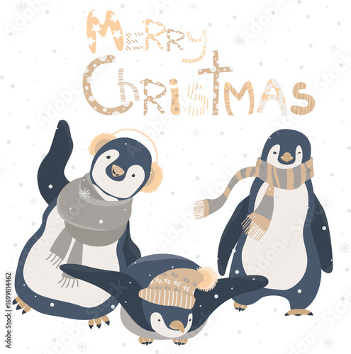 Funny penguins friends celebrating Christmas. Vector illustration