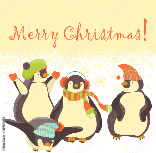 Funny penguins friends celebrating Christmas. Vector illustration
