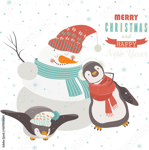 Funny penguins with snowman celebrating Christmas. Vector illustration