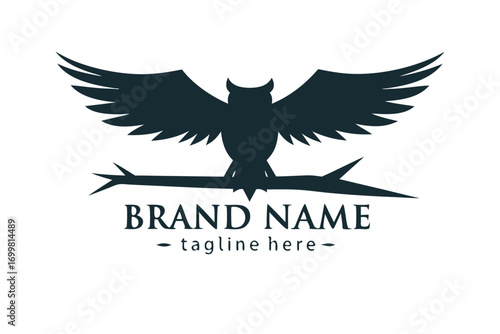 of Silhouette Owl on Branch with Wings on White Background