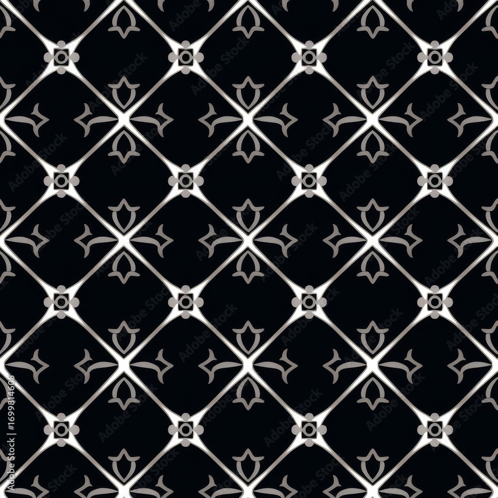 Fototapeta premium A luxury black and white seamless pattern featuring intricate symmetrical decorative shapes,