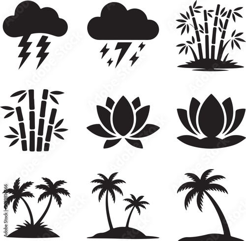 Silhouette Collection Of Storm Clouds Bamboo And Lotus Flowers Keywords: storm cloud, lightning