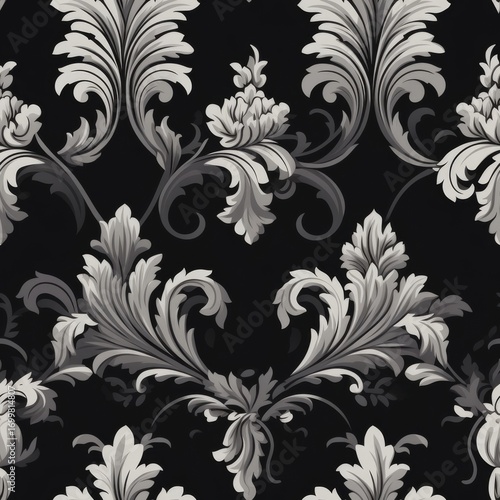 A seamless baroque floral monochrome pattern featuring intricate scrollwork and symmetrical designs in black and white,