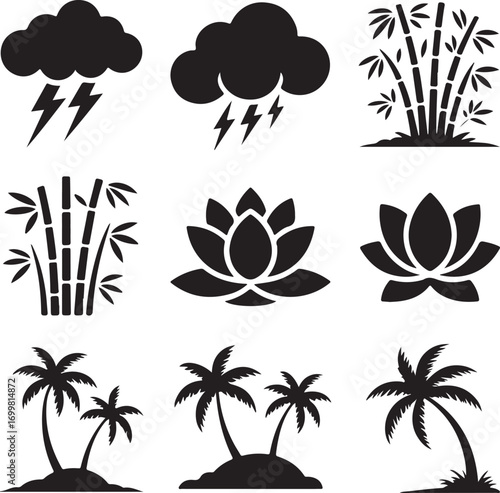 Silhouette Collection Of Storm Clouds Bamboo And Lotus Flowers Keywords: storm cloud, lightning