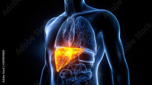 transparent torso diagram showing liver glowing other organs muted focus highlight scientific accuracy illustration concept scene visual for commercial design use high detail quality stock image