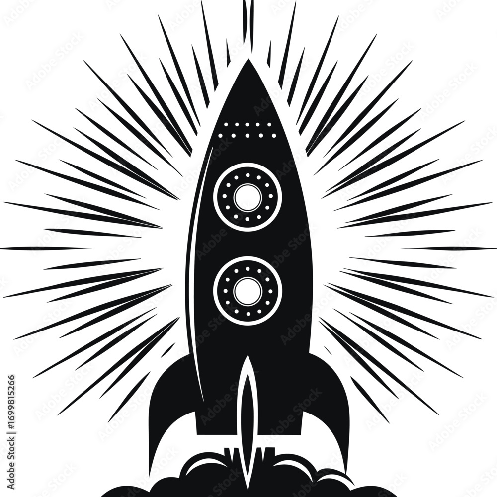 Fototapeta premium Outlined Rocket Ship Flying with Fire on White Background, Nostalgic Design