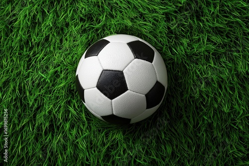 Iconic black and white soccer ball resting on lush green grass, evoking a sense of sport, competition, and outdoor recreation.