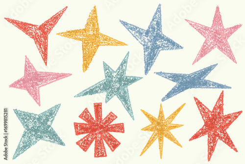 Hand-drawn stars set with chalk and pastel pencil texture. Doodle grunge cute stickers for collage. Kids color drawing of bling and twinkles. Retro sparkles