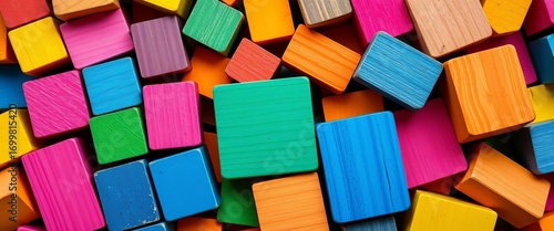 Close-up of colorful wooden blocks, various shapes and sizes,  preschool,  wood texture