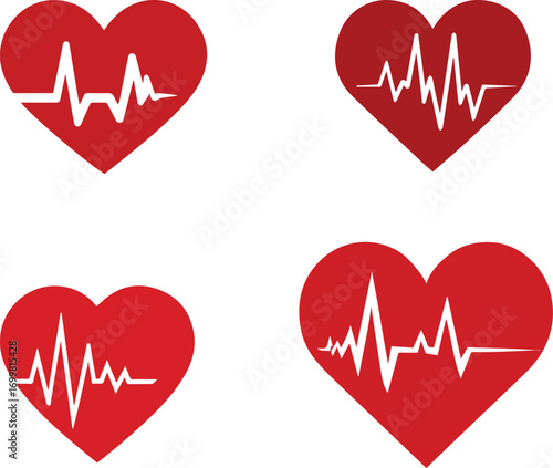 Four red heart shapes with electrocardiogram pulse silhouette