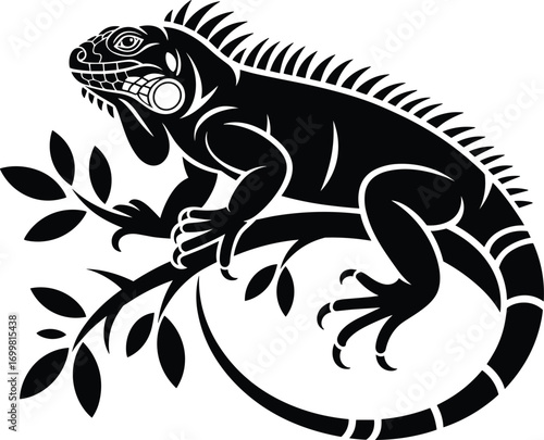 Detailed iguana silhouette on tree branch with leaves, black and white vector illustration, perfect for tattoo design, wildlife art, jungle, and reptile themes.Detailed igu