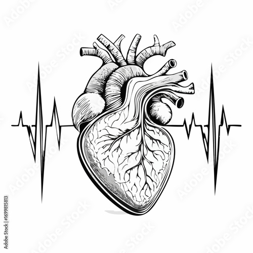 Vintage style anatomical human heart illustration with a rhythmic EKG heartbeat line, a medical symbol for cardiology and health