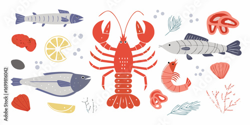 Collection of stylized seafood and ocean elements including fish lobster shrimp lemon and seashells
