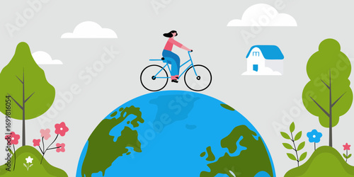 Person riding a bicycle on top of the earth with trees flowers and a house in the background