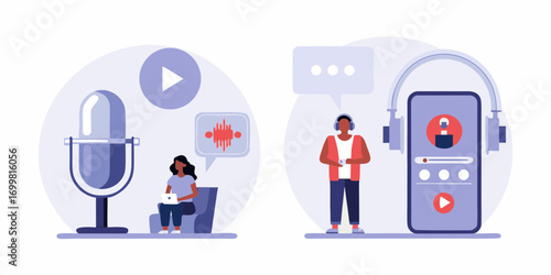 Digital podcast creation and listening with people interacting with audio recording equipment and mobile devices