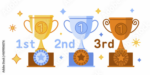 First second and third place trophies with medals and stars celebrating victory and achievement