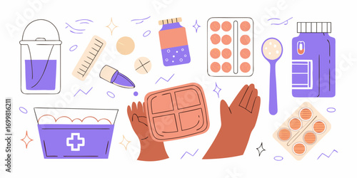 Collection of medical supplies and medications presented in a flat design style