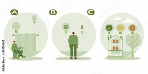 Illustration showing three stages of energy consumption and decision making for home heating and electricity
