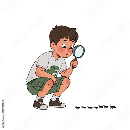 a child squatting, wearing cargo shorts and a t-shirt with a dinosaur graphic, observing a line of black ants through a magnifying glass with a fascinated expression