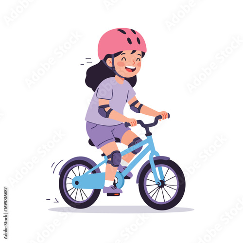 a girl with a pink helmet, wearing elbow and knee pads over a lavender t-shirt and shorts set, smiling widely as she rides her first blue bicycle without training wheels