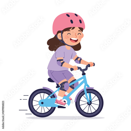 a girl with a pink helmet, wearing elbow and knee pads over a lavender t-shirt and shorts set, smiling widely as she rides her first blue bicycle without training wheels