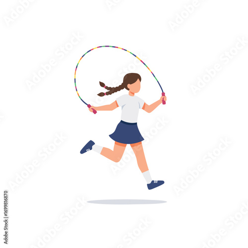 a girl with braided hair, wearing a sports skirt and a white t-shirt, mid-jump, with a rainbow-colored skipping rope spinning over her head and under her feet