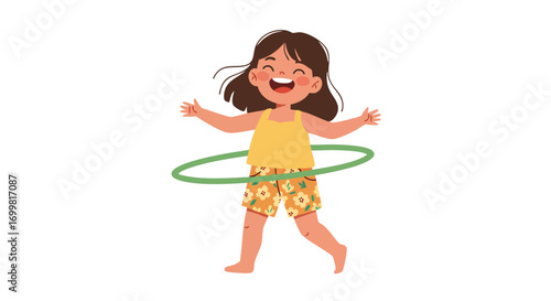  a child wearing a yellow tank top and floral-patterned shorts, laughing as she successfully spins a green hula hoop around her waist