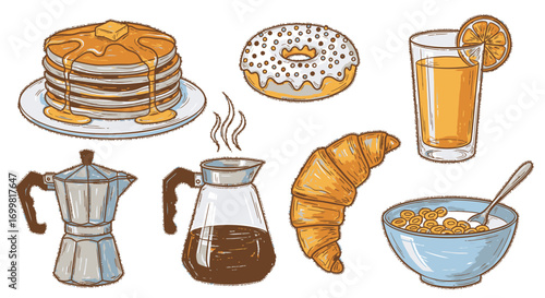 A collection of classic breakfast food and drink items, including pancakes, coffee, and orange juice, in a hand-drawn illustration style.