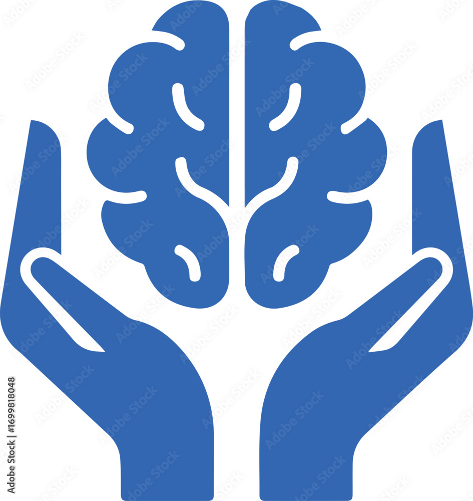 Obraz premium Blue silhouette of hands holding a brain silhouette