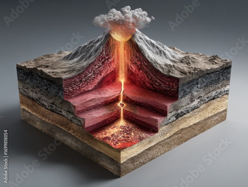 Lifelike Cross Section of a Stratovolcano Showing the Magma Source