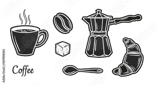 Coffee set: cup, beans, pot, sugar, croissant, spoon.