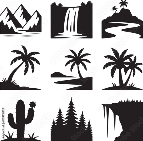 Nine black silhouette nature and landscape icons with mountains and trees river waterfall