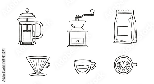 Line drawing of coffee-making equipment, including a French press and a grinder.