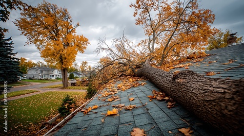 Fallen Tree on House Roof with Autumn Leaves and Cloudy Sky