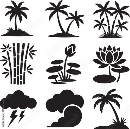 Black Silhouette Icons of Tropical Plants and Weather Symbols Keywords: palm tree, coconut tree
