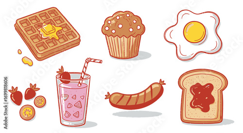 A set of cartoon-style breakfast food illustrations, including a waffle, muffin, fried egg, sausage, toast with jam, and strawberry drink.
