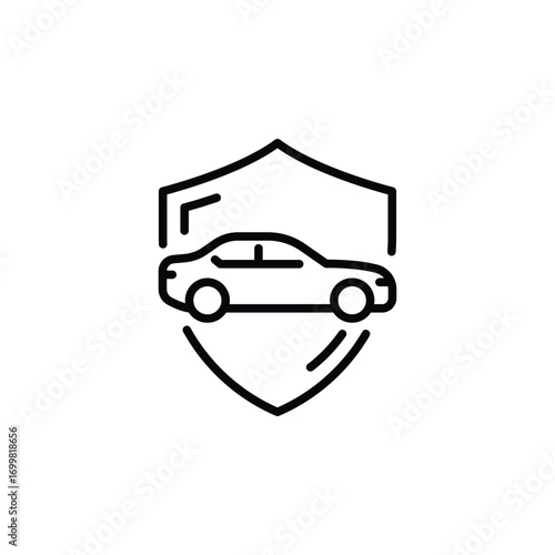 Shield and car icon. Simple outline style. Safety, protect, safe, secure, vehicle, auto, transport, insurance concept. Thin line symbol. Isolated design.