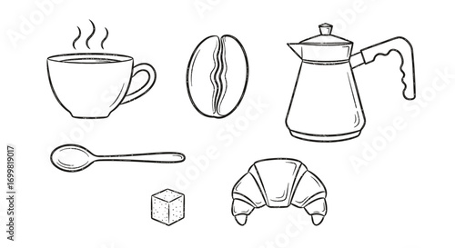 A collection of hand-drawn illustrations depicting items associated with coffee and breakfast, including a steaming cup, coffee bean, moka pot, spoon, sugar cube, and croissant.