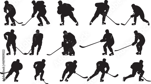 Collection of hockey player silhouettes in action silhouette