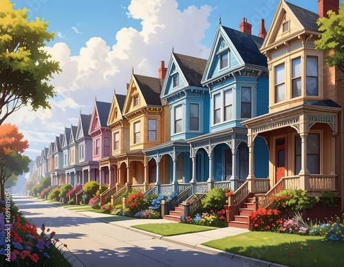 Wallpaper Mural Row of colorful Victorian houses with intricate architecture and lush gardens Torontodigital.ca
