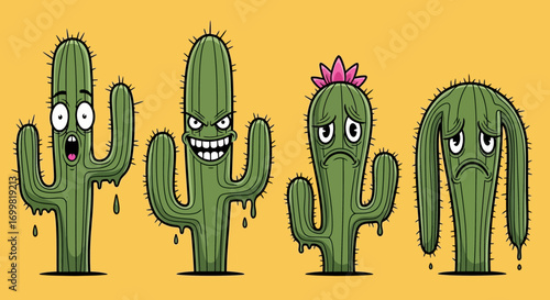 Four cartoon cacti with various expressions.