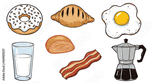 A colorful illustration of various breakfast foods and beverages, including pastries and coffee.