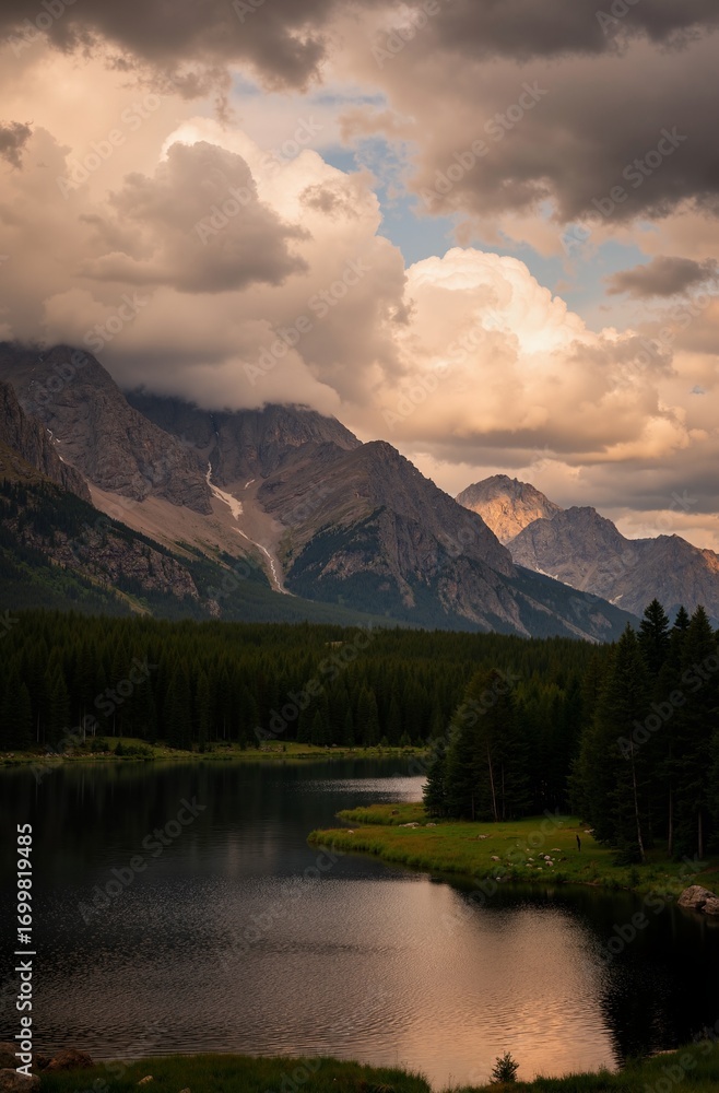 Obraz premium Majestic Mountain Landscape Under a Golden Sky